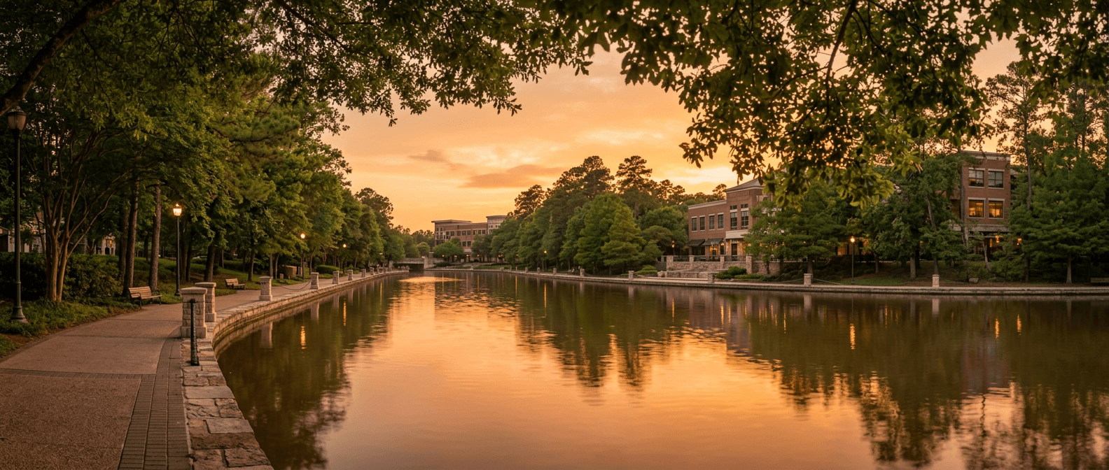 The Woodlands Waterway at dusk